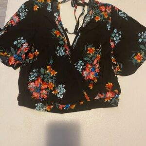 Xhilaration Black Floral V-Neck Blouse